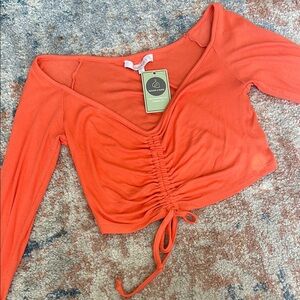 Olivaceous Orange Ruched Long Sleeve Crop Top